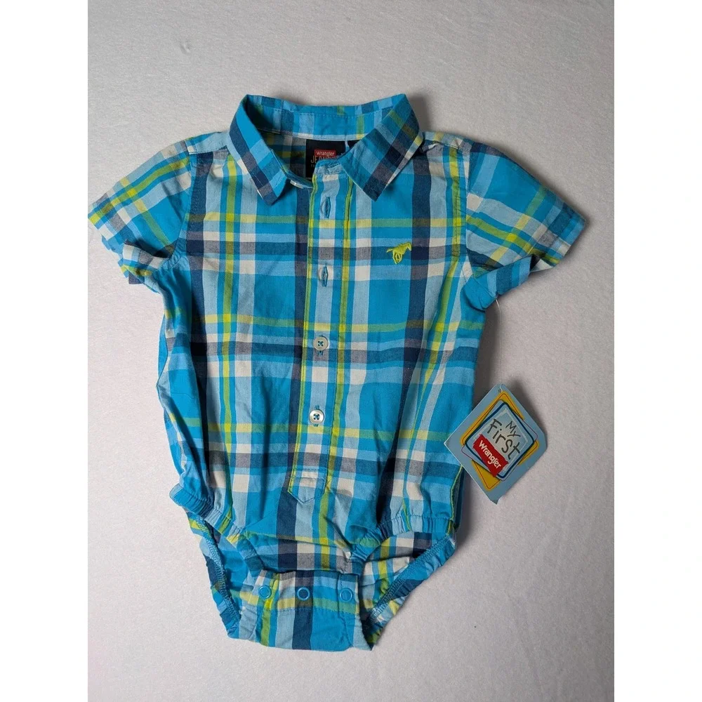 Wrangler Baby‎ Boys Turquoise Blue Plaid Short Sleeve Bodysuit Romper 12M NWT